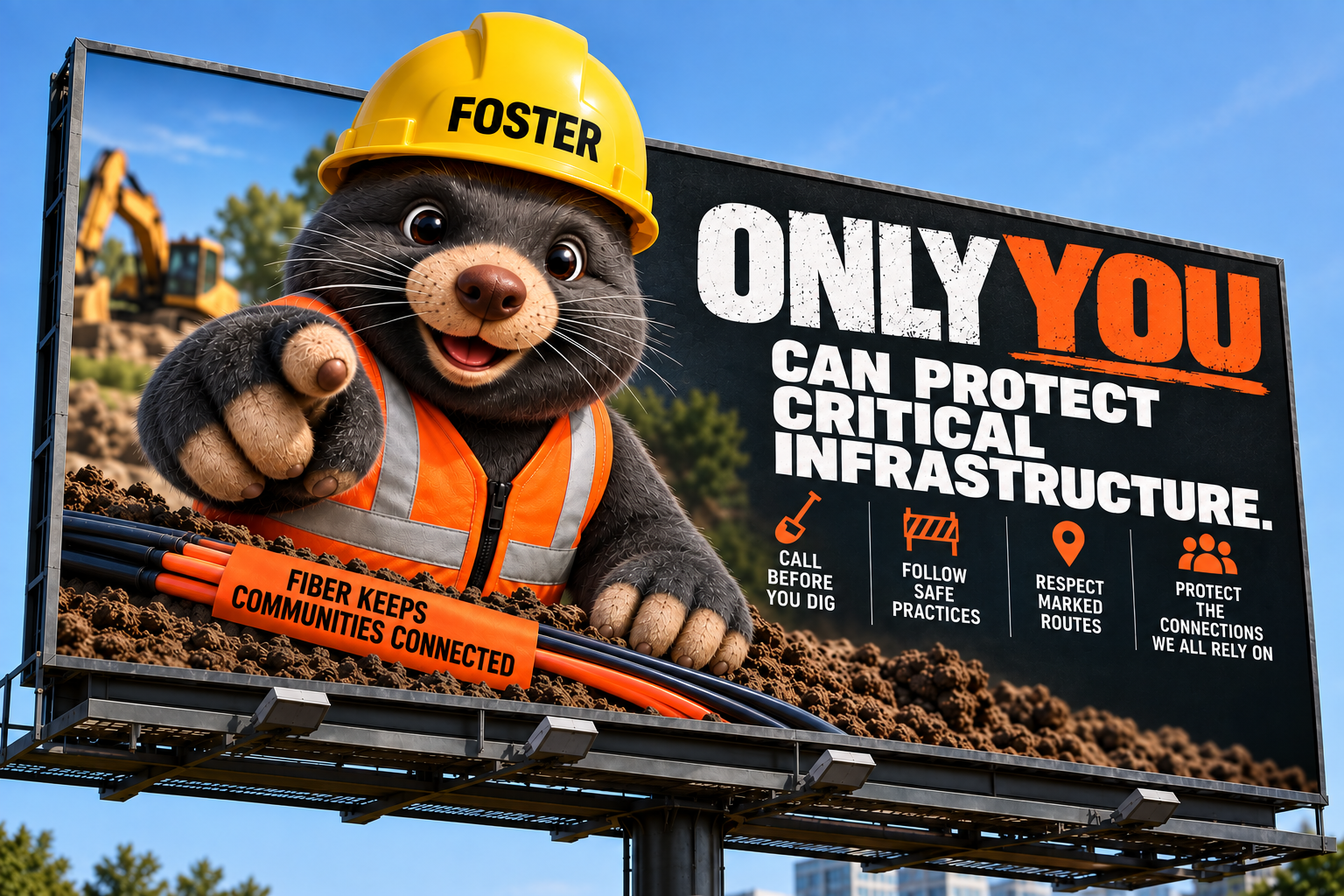 FOSTER points toward the viewer on a critical infrastructure safety billboard